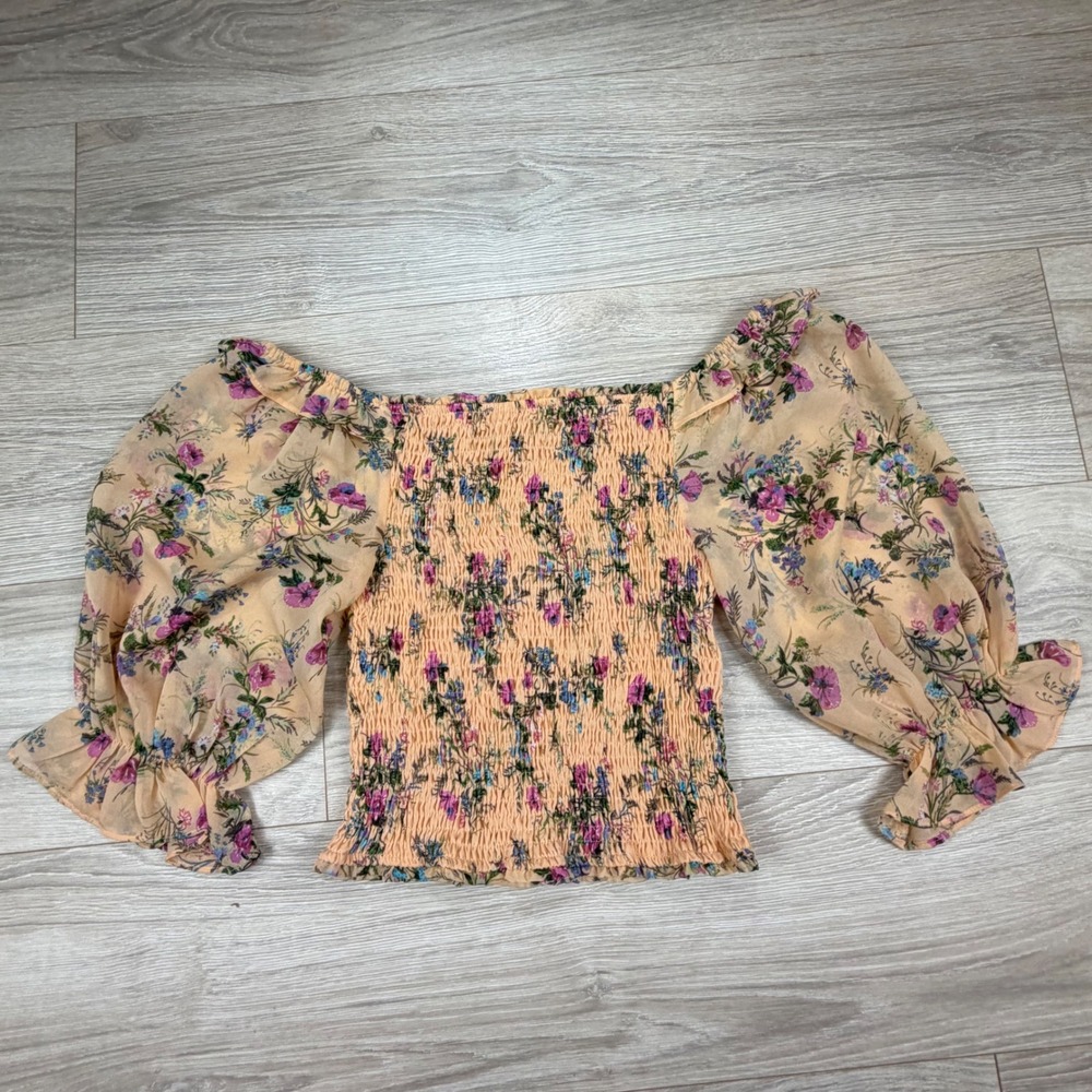 Allison New York‎ Floral Smocked Balloon Sleeve Top Peach XS Square Neck Peasant